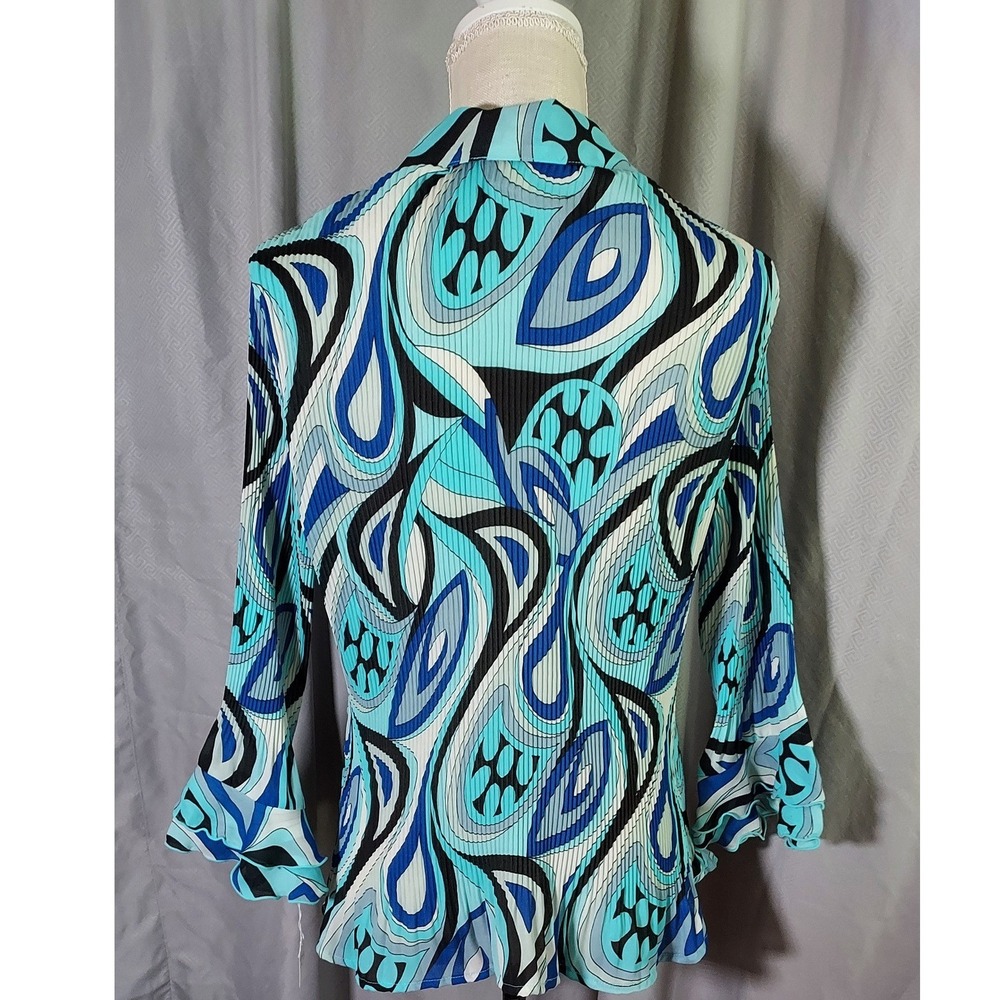 Cato Button Up Shirt Womens Large Blue Psychedelic Plisse Ruffle Bell Sleeve - Picture 4 of 7